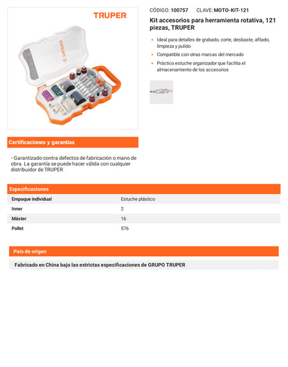 Ficha tecnica - Kit accesorios para herramienta rotativa 121 piezas - SKU 100757
