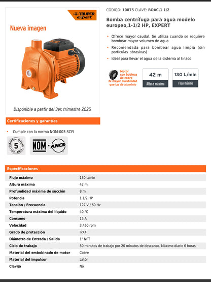 Bomba centrífuga de 1 1/2 HP modelo europeo