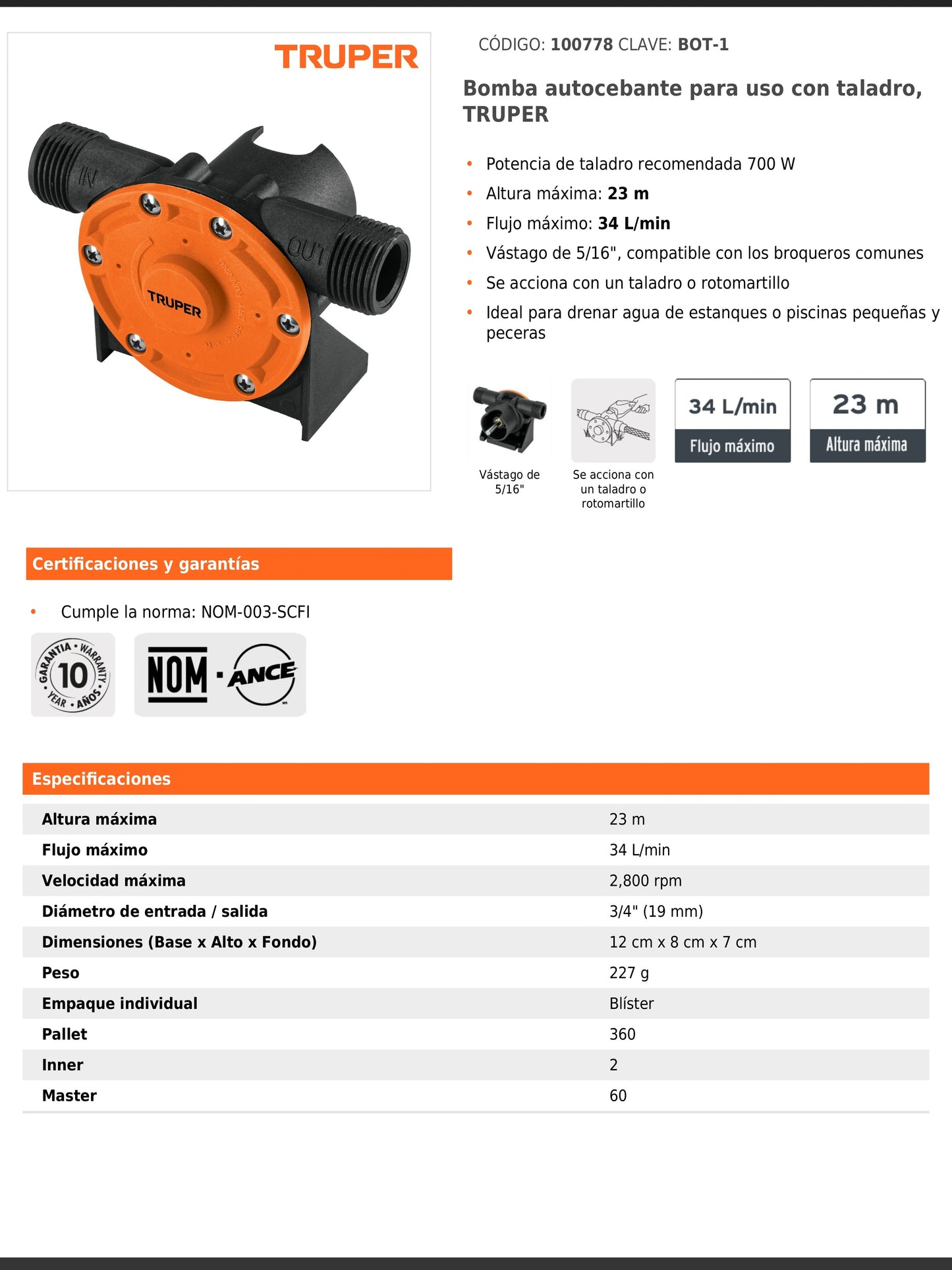 Bomba autocebante para uso con taladro