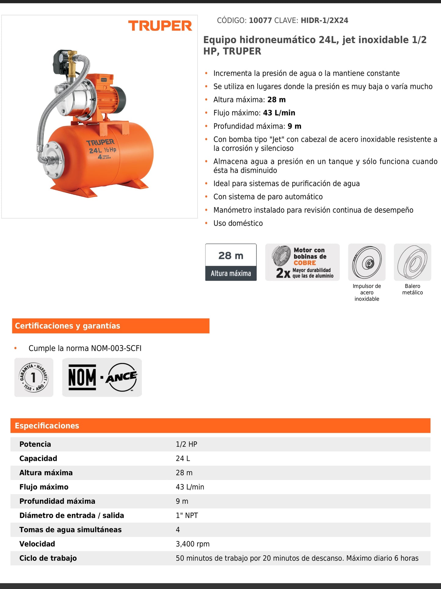 Equipo hidroneumático de 24 litros jet inoxidable de 1/2 HP