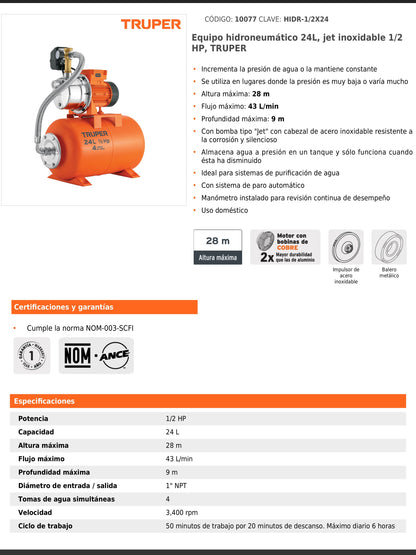 Equipo hidroneumático de 24 litros jet inoxidable de 1/2 HP