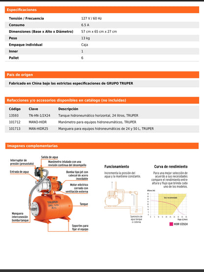 Equipo hidroneumático de 24 litros jet inoxidable de 1/2 HP