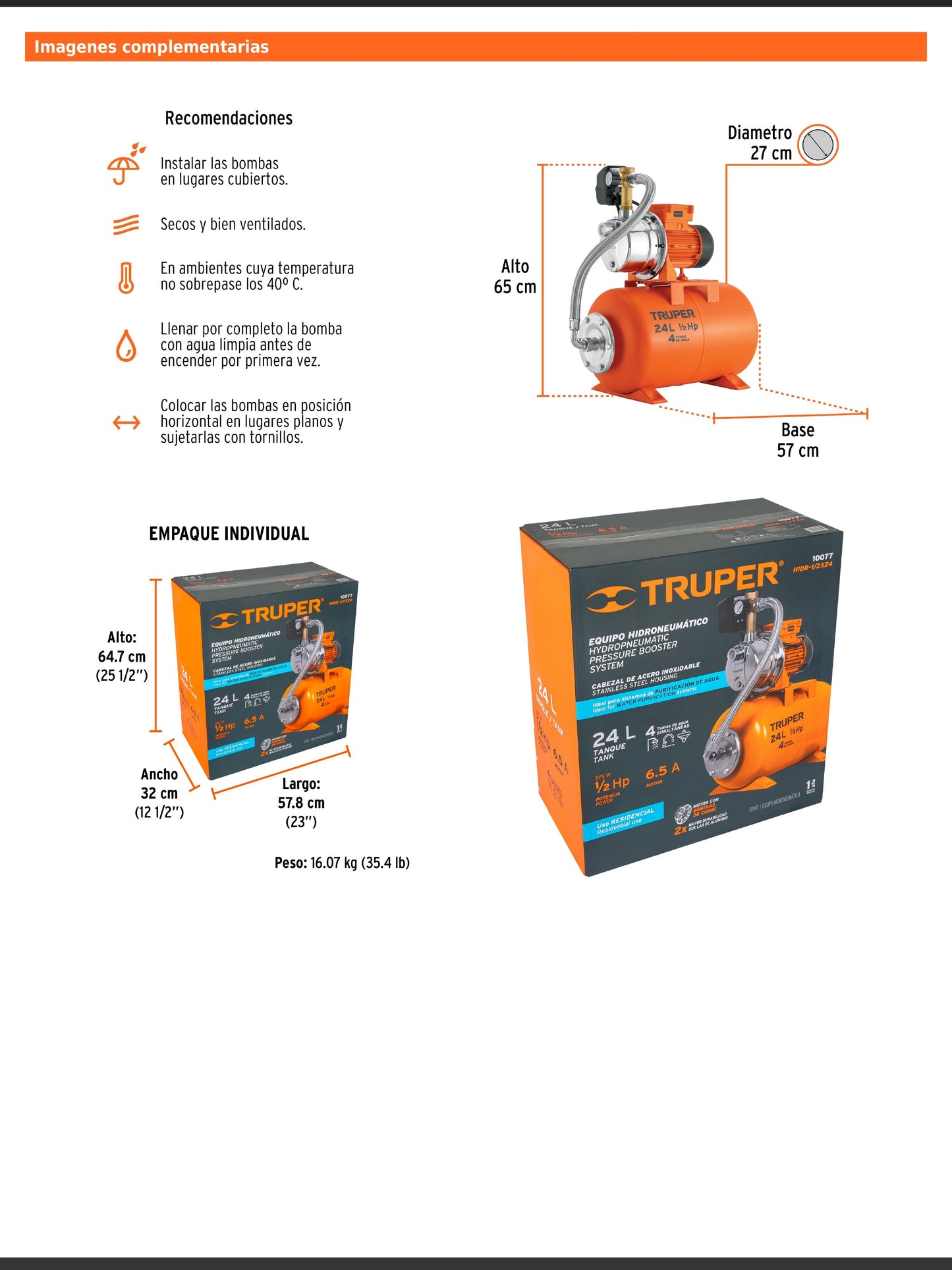Equipo hidroneumático de 24 litros jet inoxidable de 1/2 HP