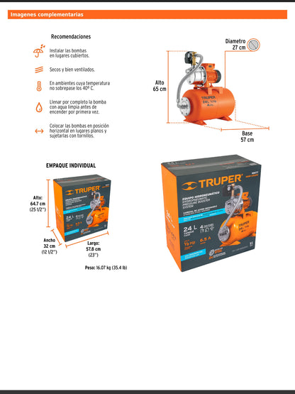 Equipo hidroneumático de 24 litros jet inoxidable de 1/2 HP