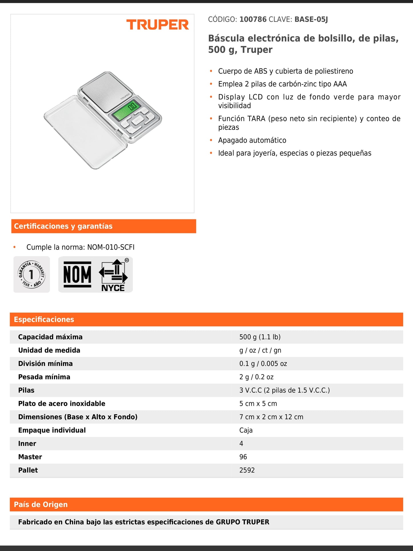 Báscula electrónica de bolsillo de 500 g