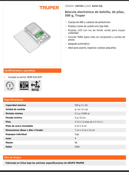 Báscula electrónica de bolsillo de 500 g