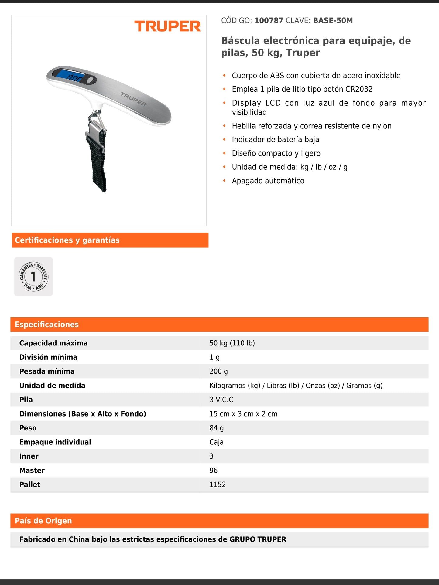 Báscula electrónica para equipaje de 50 kg