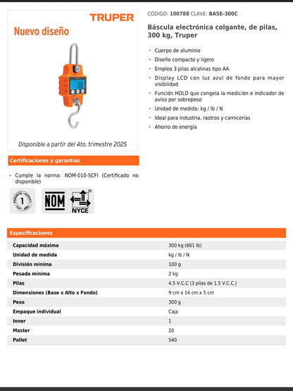 Báscula electrónica colgante de 300 kg