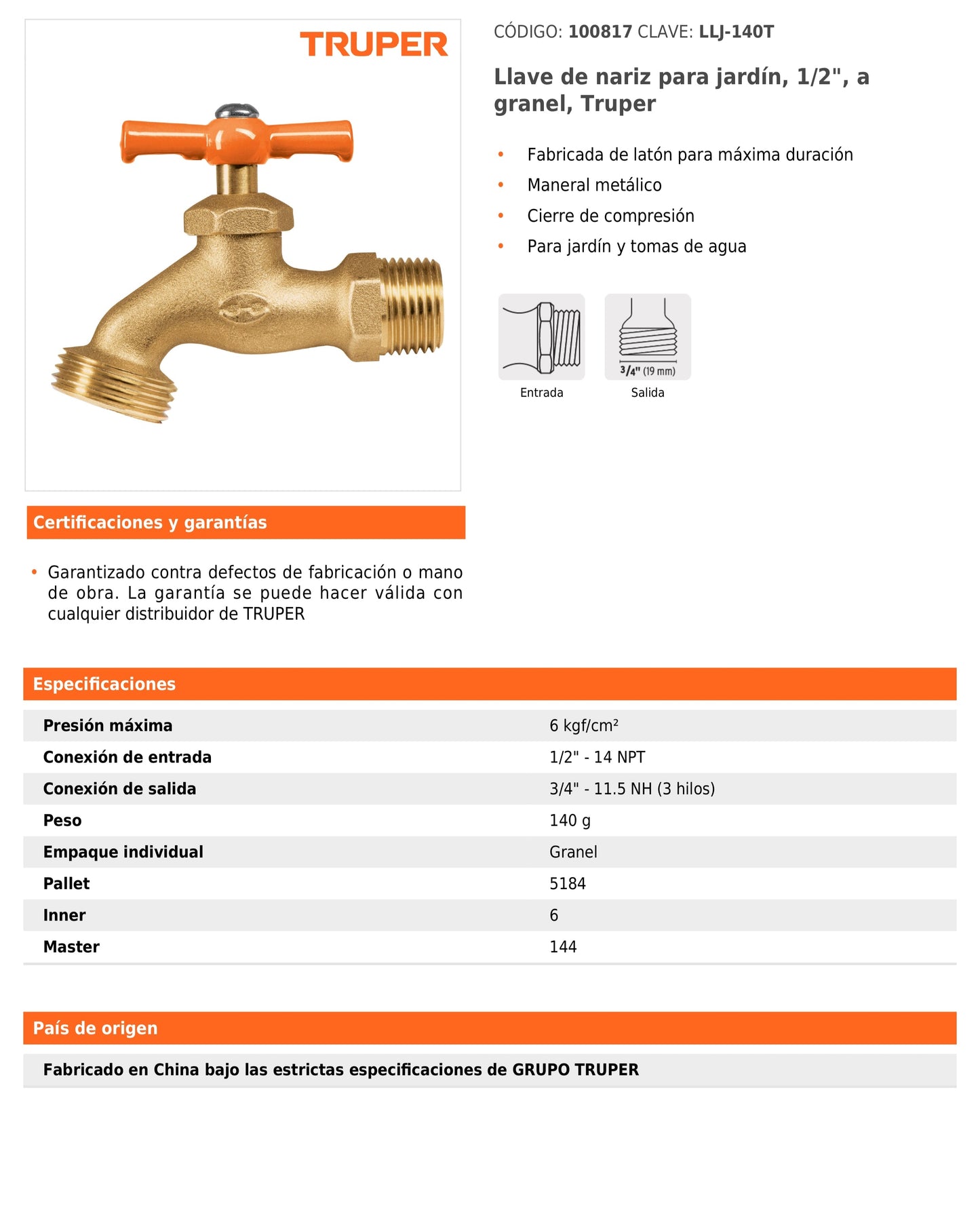 Llave de nariz para jardín, 1/2" a granel