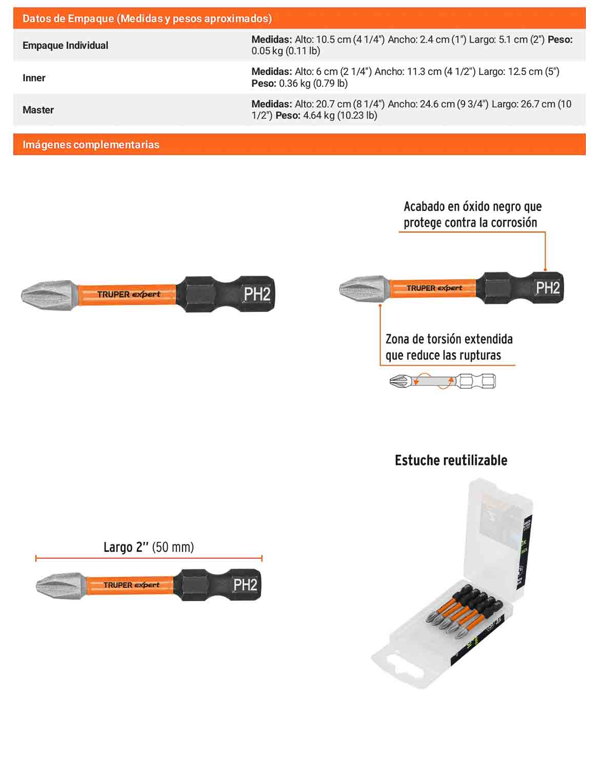 Puntas de Cruz PH2 de 2"  Estuche con 5 unidades