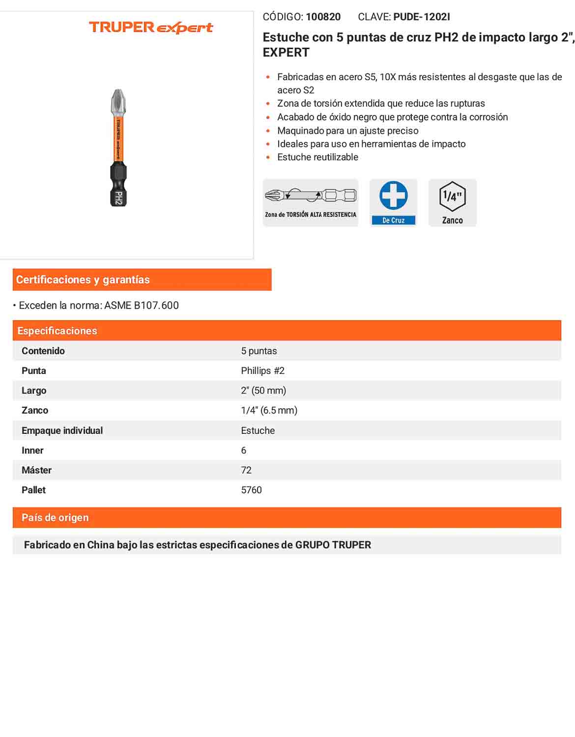 Puntas de Cruz PH2 de 2"  Estuche con 5 unidades