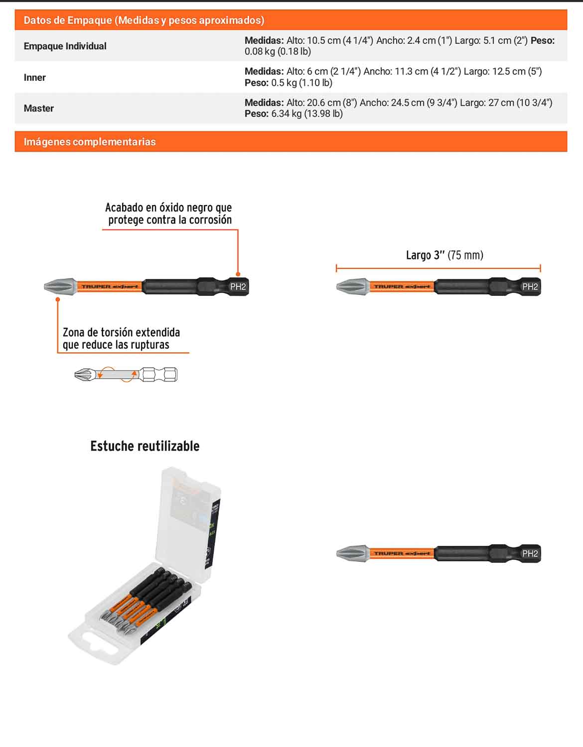 Puntas de Cruz PH2 de 3" Estuche con 5 unidades
