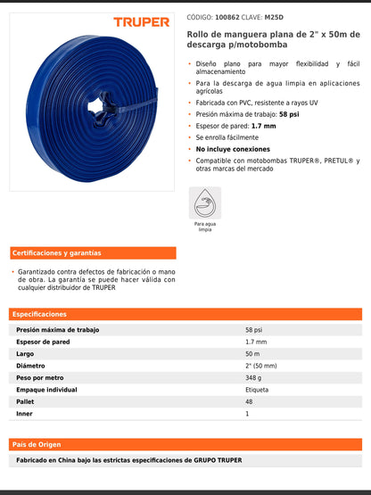 Rollo de manguera plana de 2 pulgadas por 50 m de descarga para motobomba