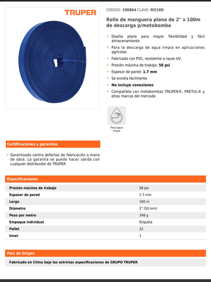 Rollo de manguera plana de 2 pulgadas por 100 m de descarga para motobomba