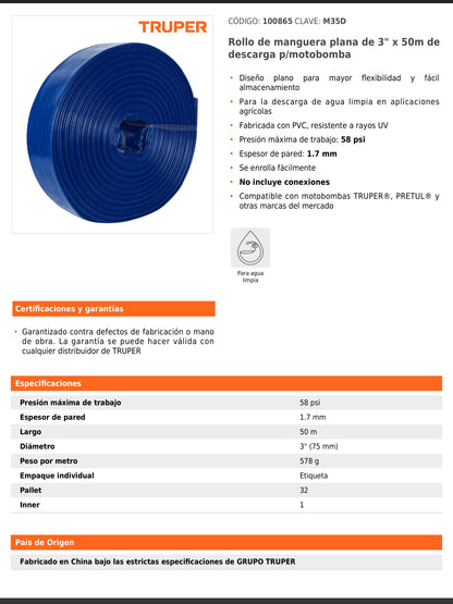 Rollo de manguera plana de 3 pulgadas por 50 m de descarga para motobomba