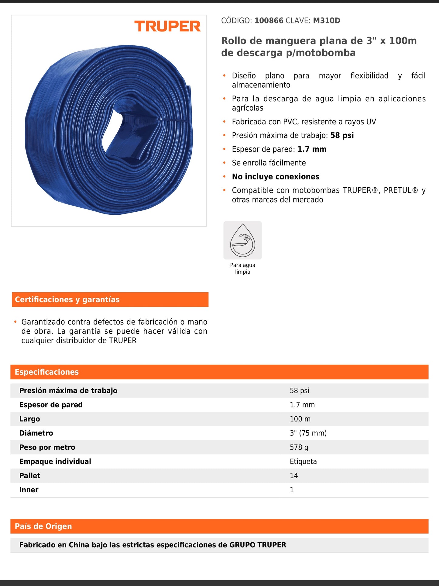 Rollo de manguera plana de 3 pulgadas por 100 m de descarga para motobomba