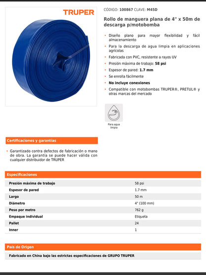 Rollo de manguera plana de 4 pulgadas por 50 m de descarga para motobomba