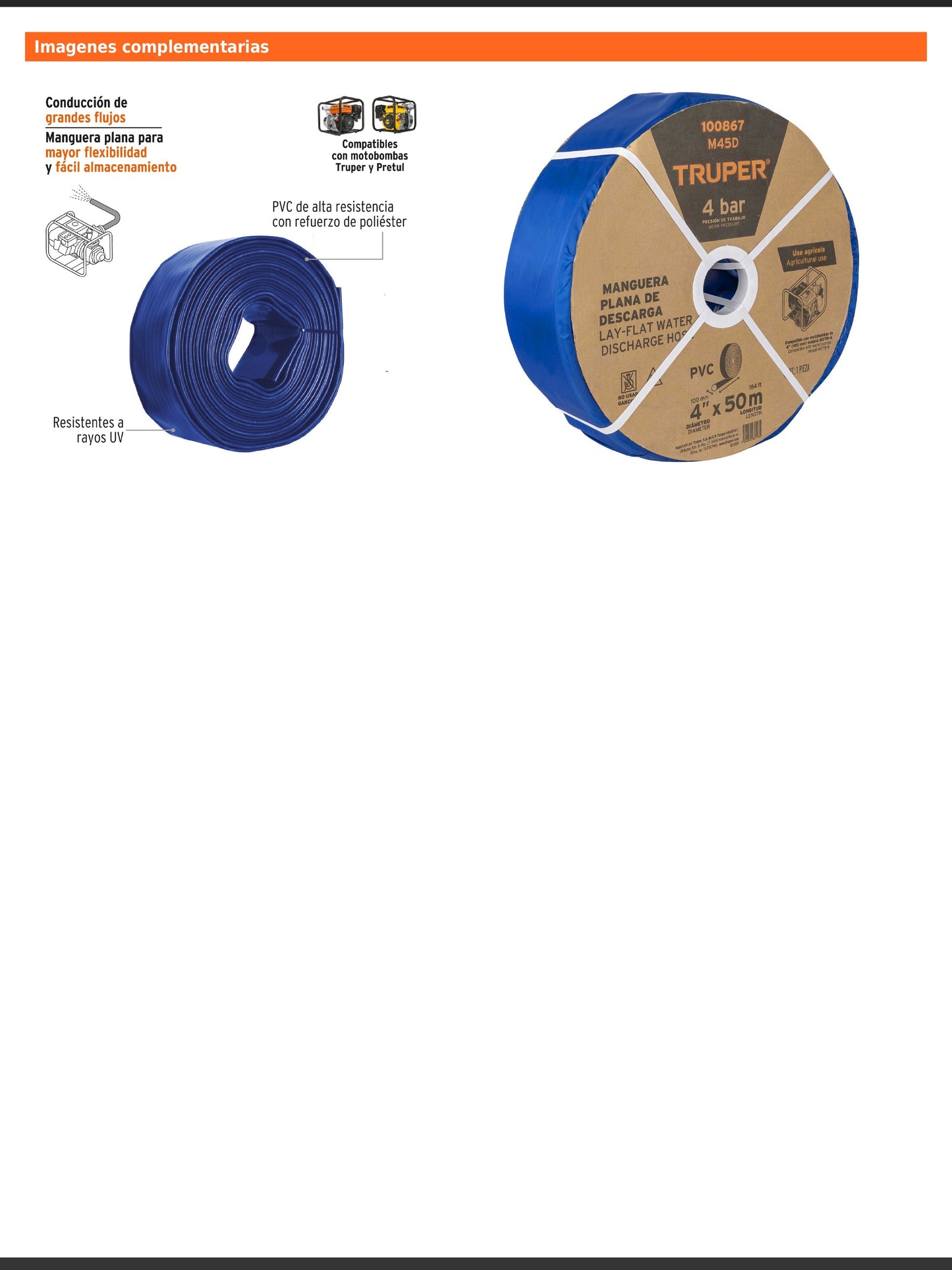 Rollo de manguera plana de 4 pulgadas por 50 m de descarga para motobomba