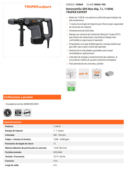 Ficha tecnica - Rotomartillo SDS Max 6kg 7J 1100W - SKU 100868