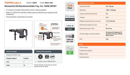 Ficha tecnica - Rotomartillo SDS Max/destornillador 9 kg 15J 1500W - SKU 100869
