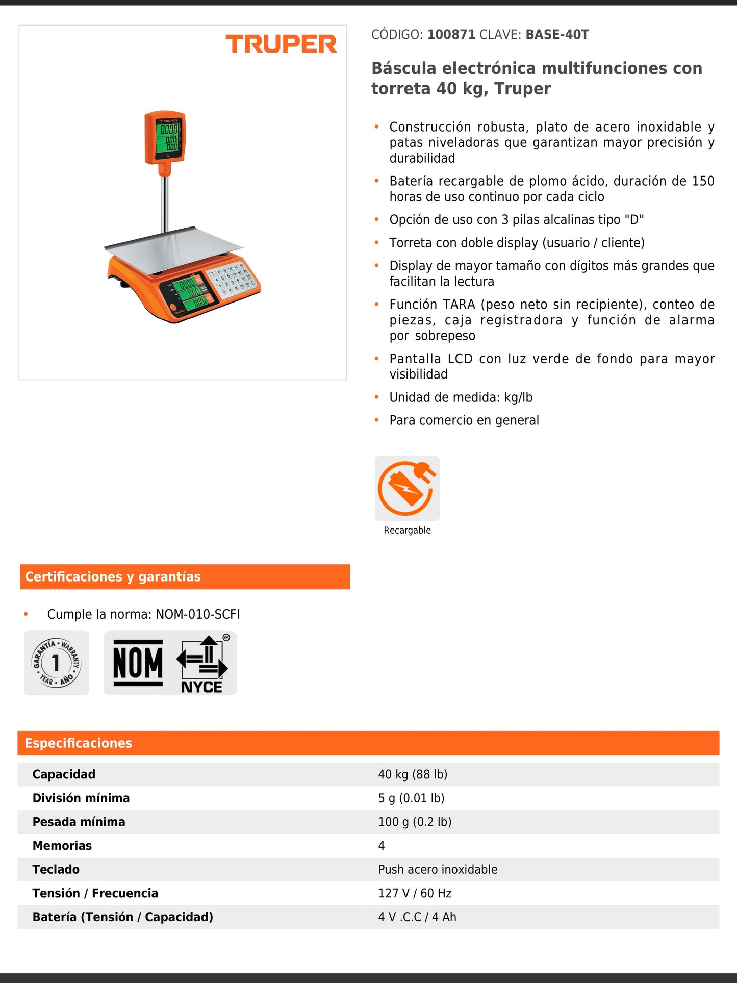 Báscula electrónica multifunciones con torreta de 40 kg