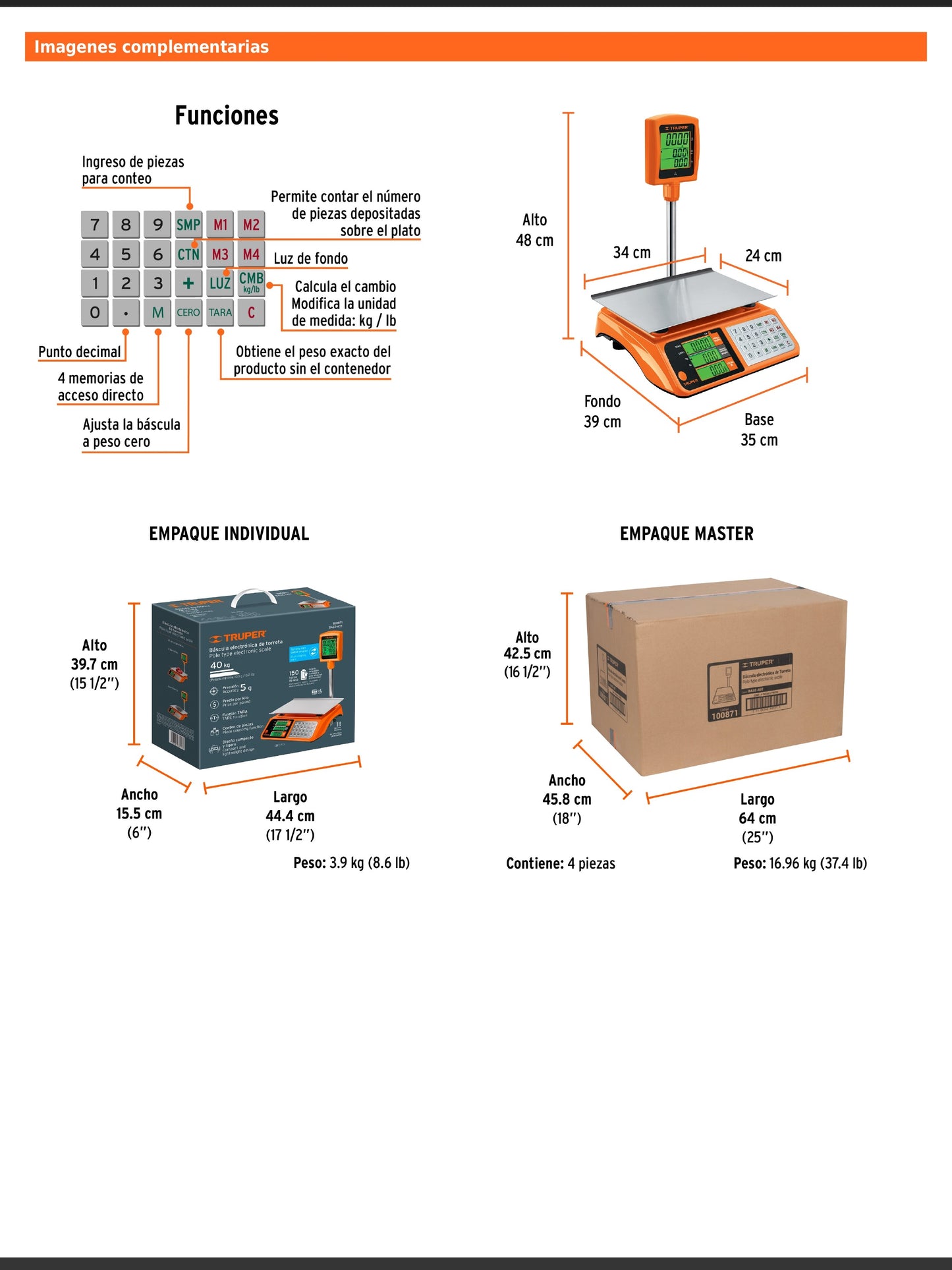 Báscula electrónica multifunciones con torreta de 40 kg