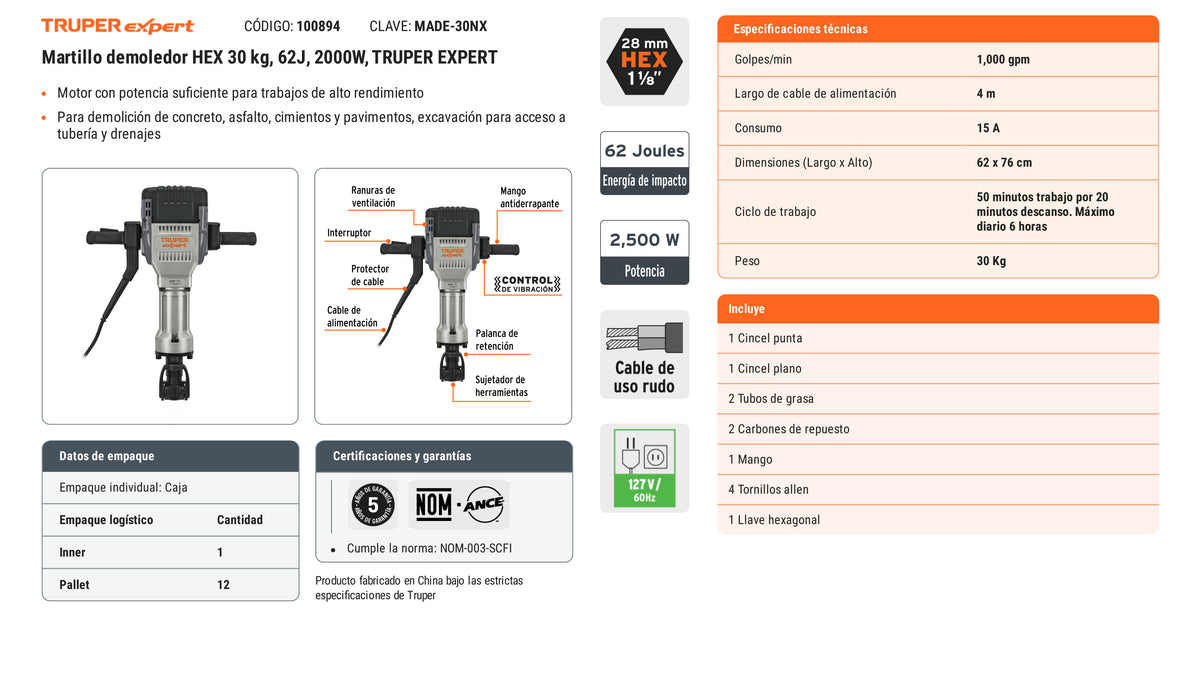 Ficha tecnica - Martillo demoledor HEX 30 kg 62J 2000W - SKU 100894