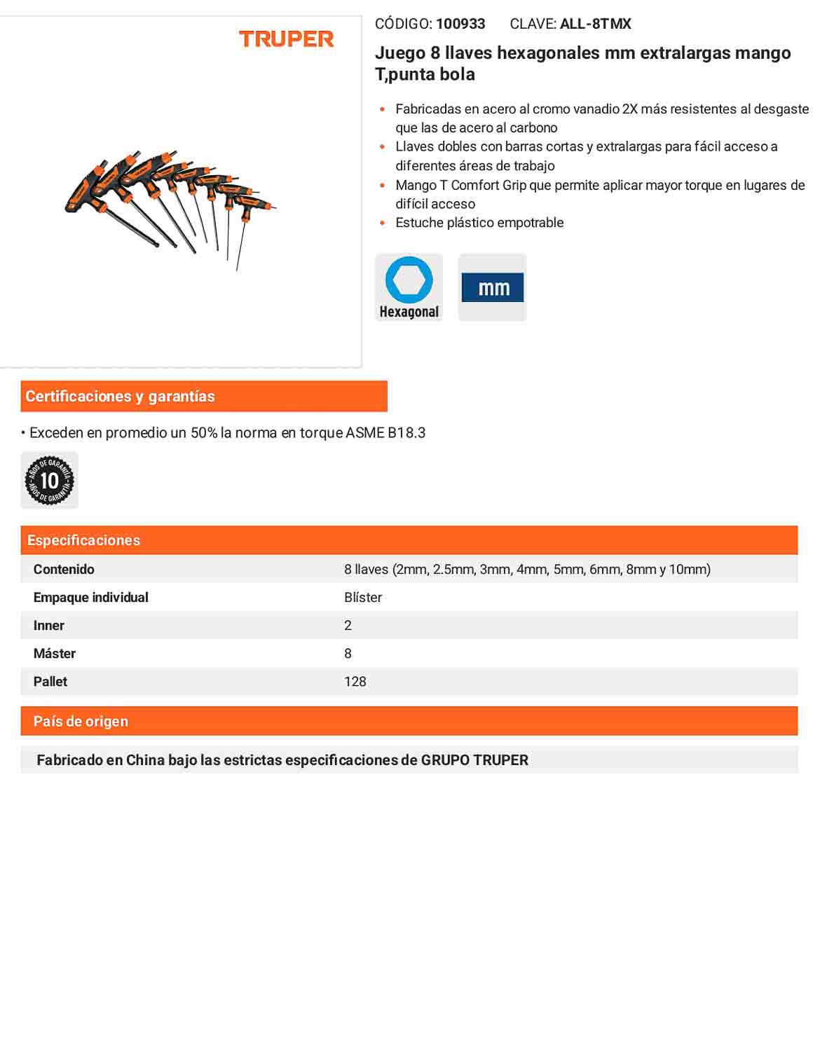 Juego 8 Llaves Allen mm Extralarga Mango T