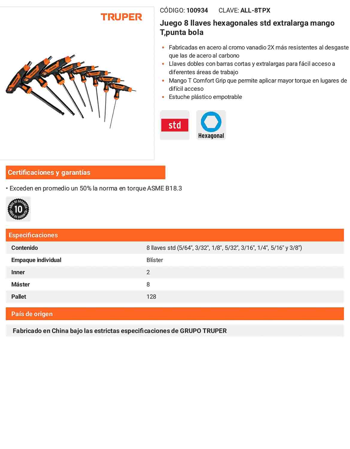 Juego 8 Llaves Allen Std Extralarga Mango T