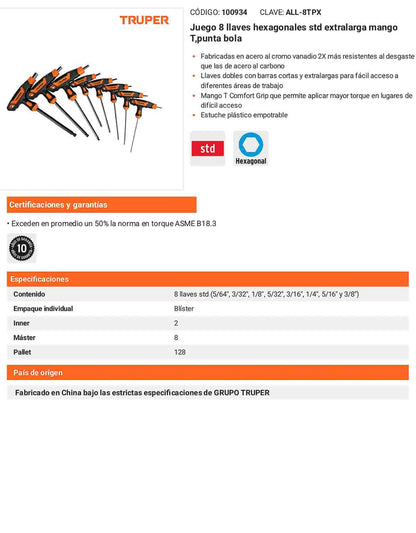 Juego 8 Llaves Allen Std Extralarga Mango T