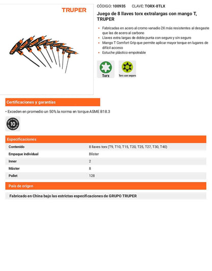 Juego 8 Llaves Torx Extralarga con Mango T