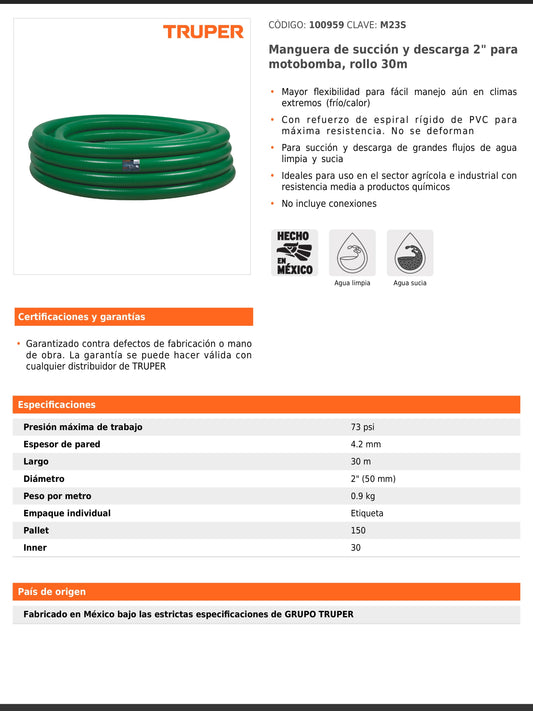 Manguera de succión y descarga de 2 pulgadas para motobomba