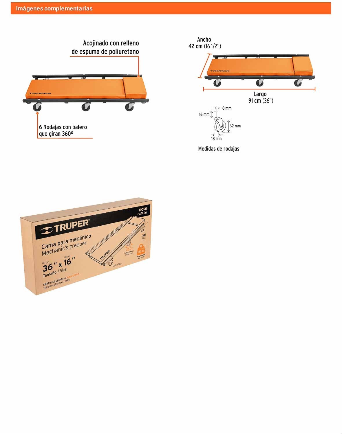 Cama de acero 36 pulg para mecánico
