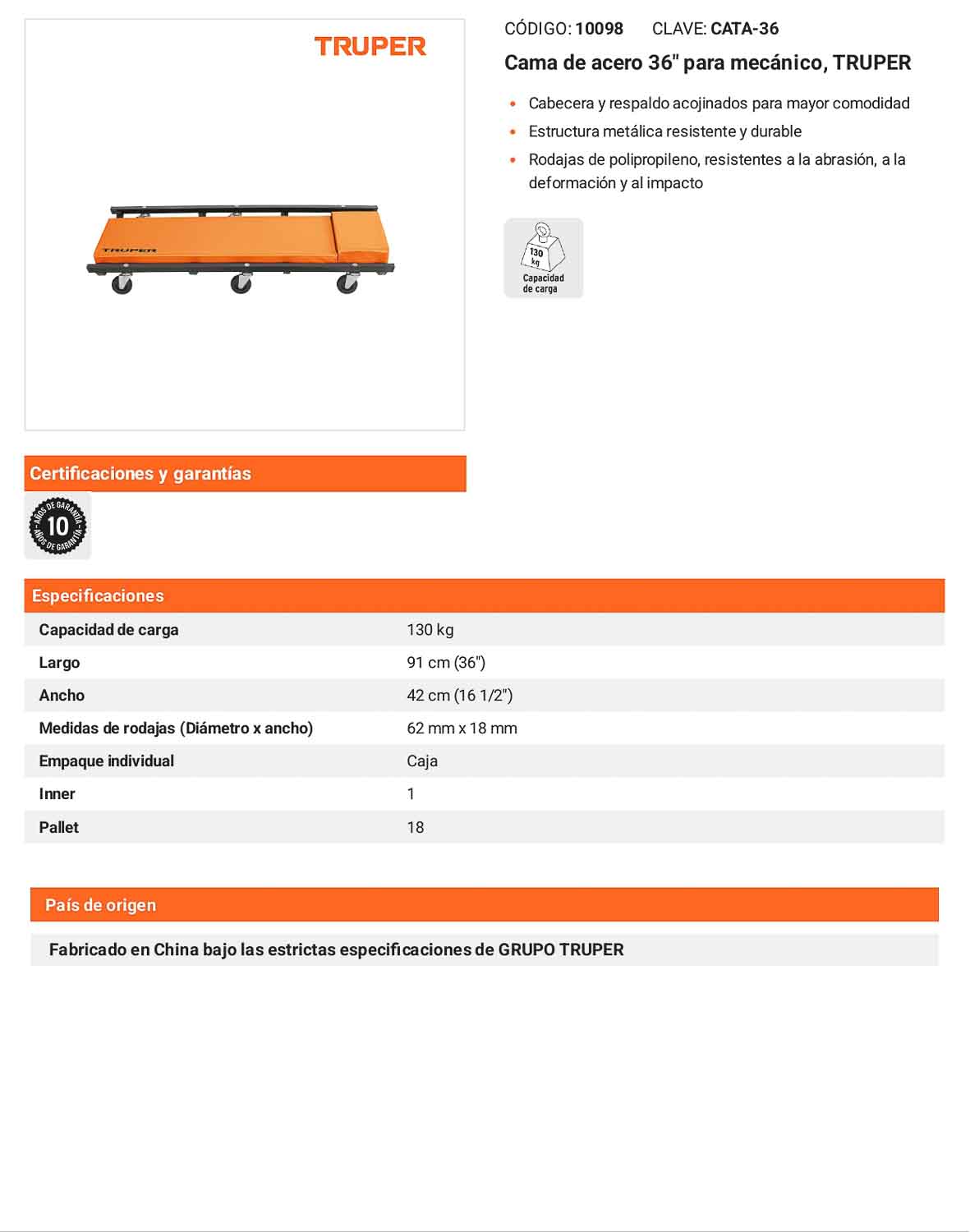 Cama de acero 36 pulg para mecánico