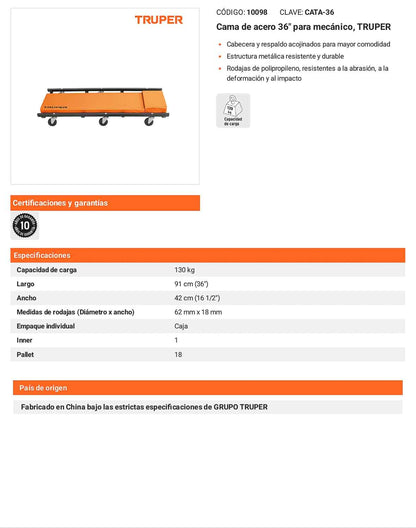 Cama de acero 36 pulg para mecánico