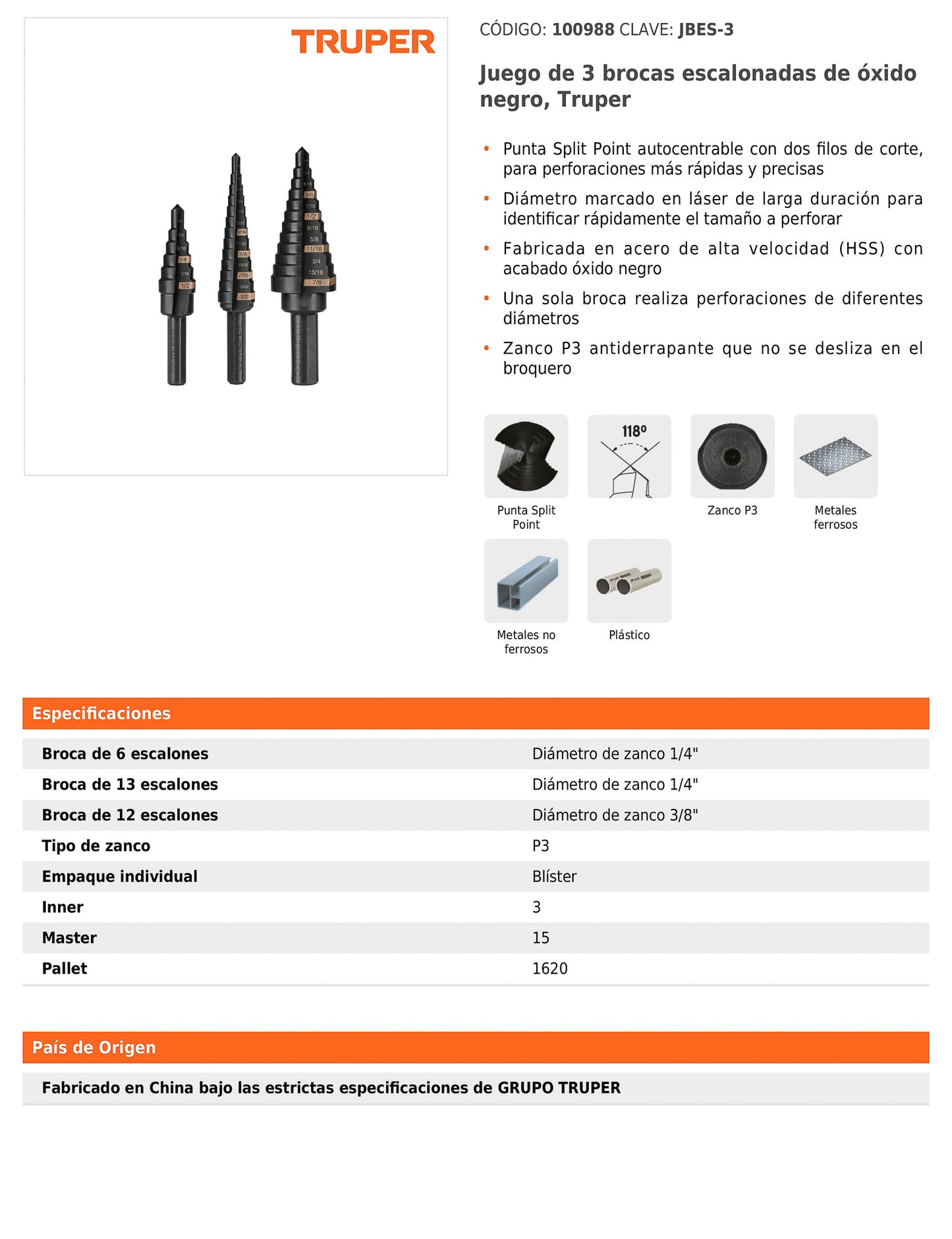 Juego de 3 brocas escalonadas de óxido negro