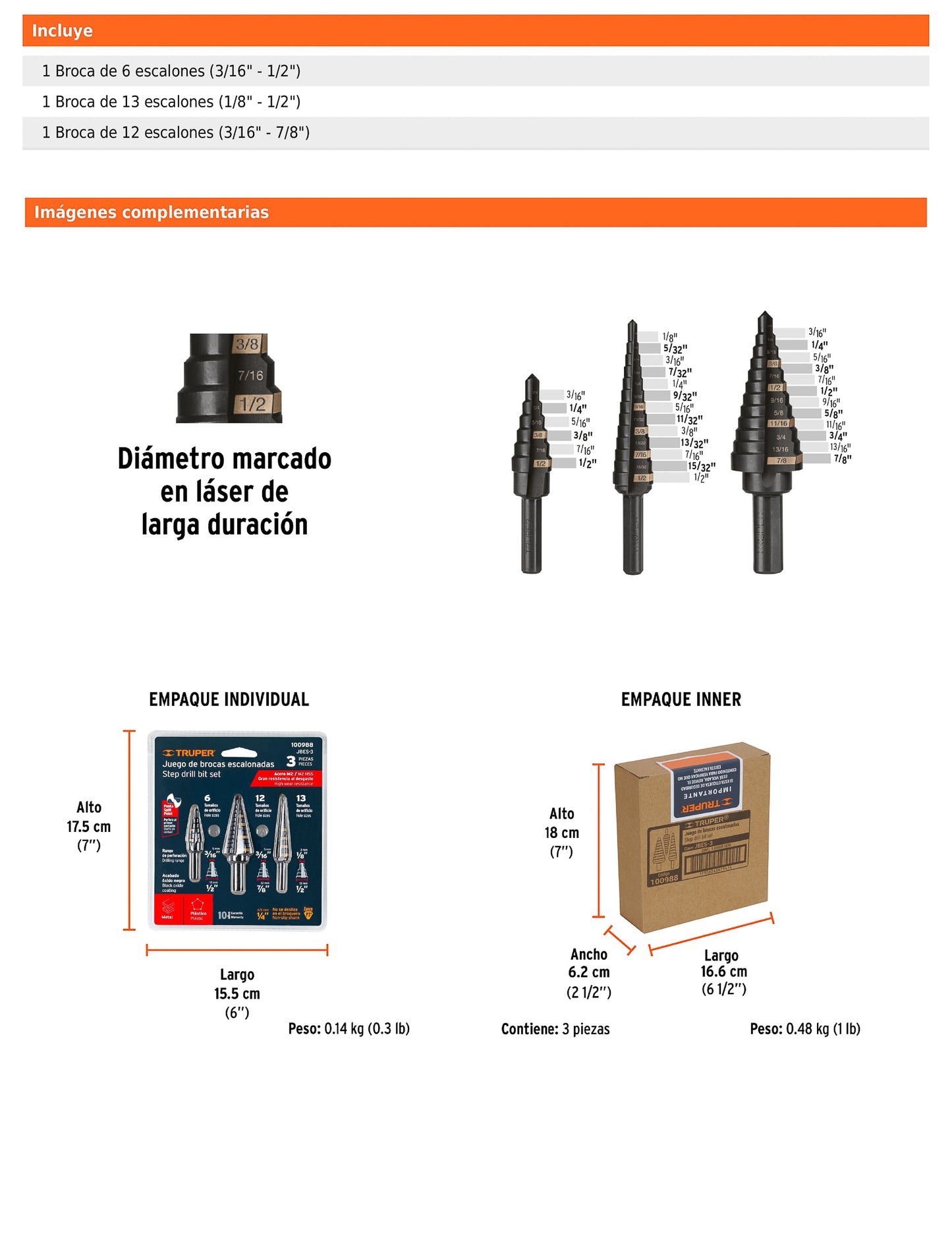 Juego de 3 brocas escalonadas de óxido negro