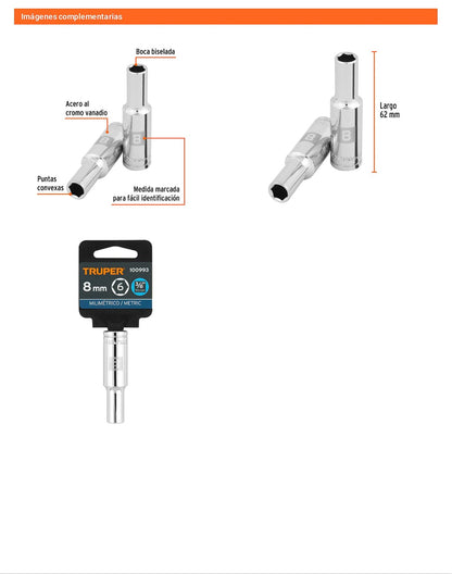 Dado largo 8 mm cuadro 3/8 pulg