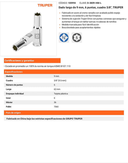Dado largo 9 mm cuadro 3/8 pulg