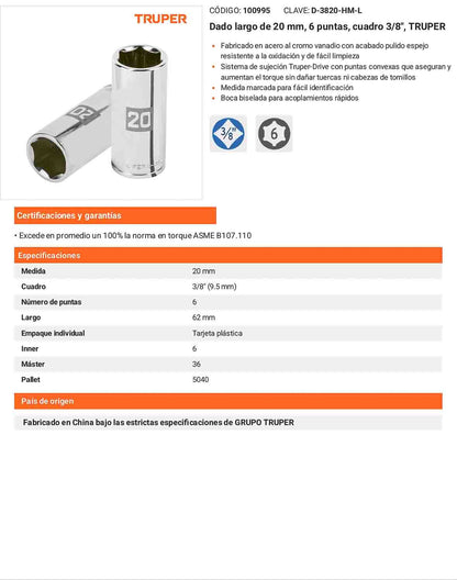 Dado largo 20 mm cuadro 3/8 pulg