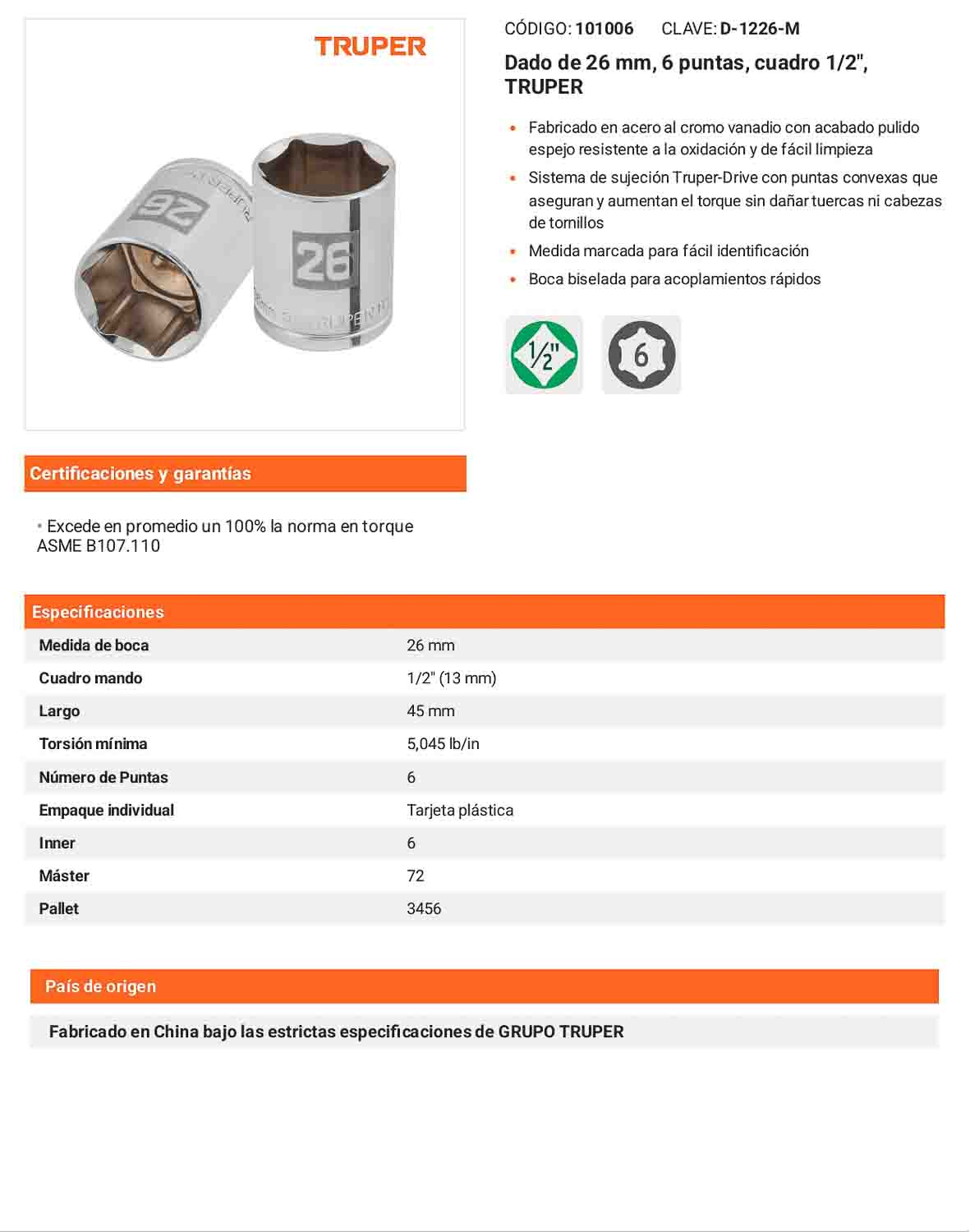 Dado 26 mm 6p cuadro 1/2pulg