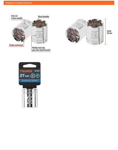 Dado 27 mm 6p cuadro 1/2pulg