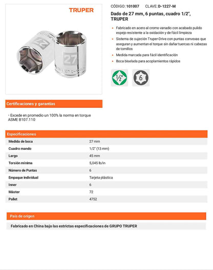 Dado 27 mm 6p cuadro 1/2pulg