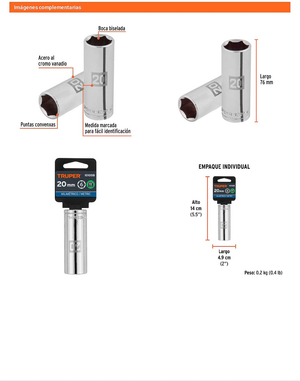 Dado largo 20 mm 6p cuadro 1/2pulg