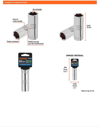Dado largo 20 mm 6p cuadro 1/2pulg
