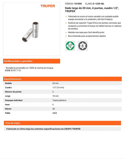 Dado largo 20 mm 6p cuadro 1/2pulg