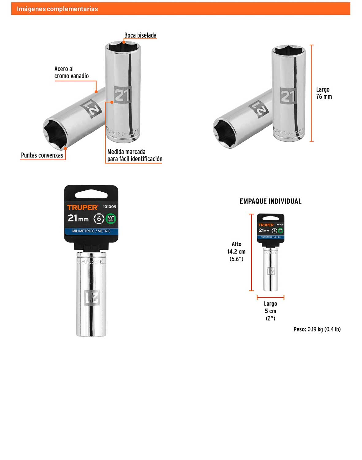 Dado largo 21 mm 6p cuadro 1/2pulg