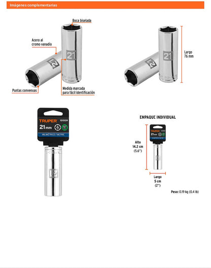 Dado largo 21 mm 6p cuadro 1/2pulg