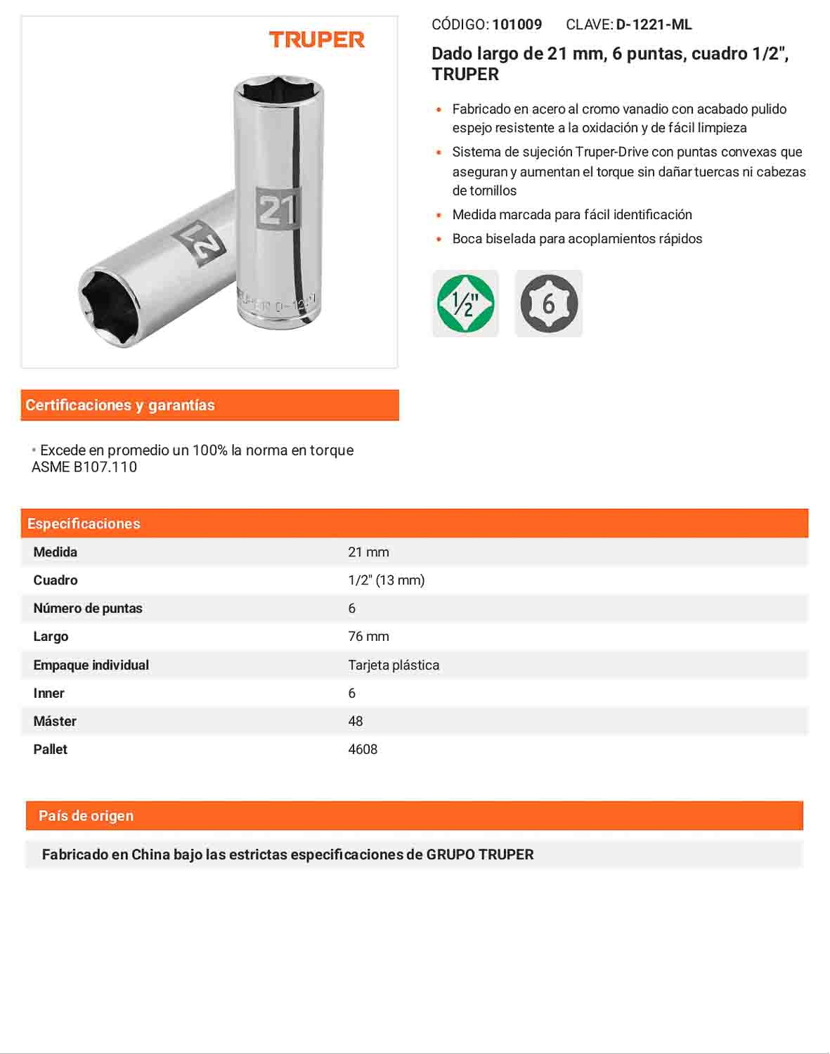 Dado largo 21 mm 6p cuadro 1/2pulg