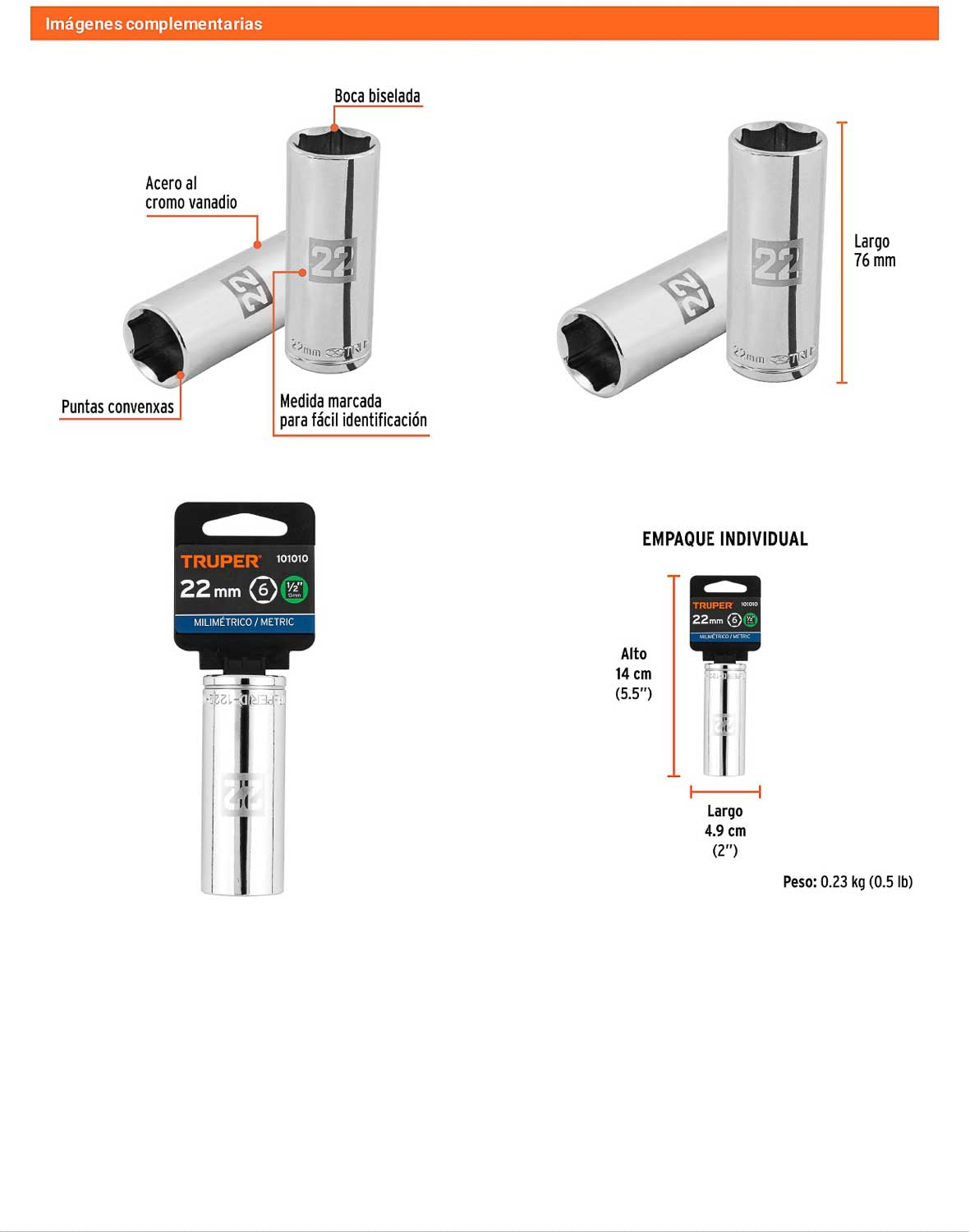 Dado largo 22 mm 6p cuadro 1/2pulg